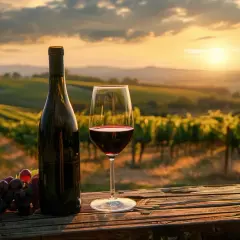 Un calice di vino rosso e un grappolo d'uva su un tavolo di legno, con vigneti al tramonto. Un assaggio di Monica di Sardegna.