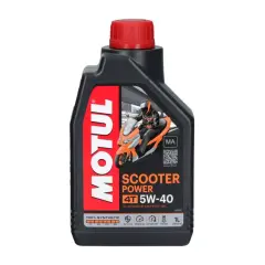 Olej Motul Scooter Power 4T 5W-40 w litrowej butelce, idealny dla skuterów. Dostępny także w wersji 10w40.