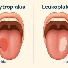 Dwa przykłady chorób jamy ustnej: erytroplakia (czerwona plama na języku) i leukoplakia (biała plama na języku).