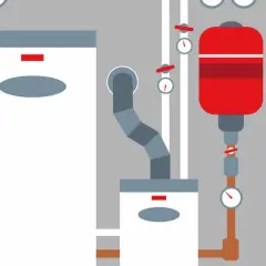 Illustration d'un vase d'expansion rouge et de tuyaux de chauffage avec des manomètres.