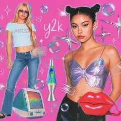 A vibrant y2k design collage featuring two young women, a lava lamp, a retro computer, and sparkly accents on a pink background.