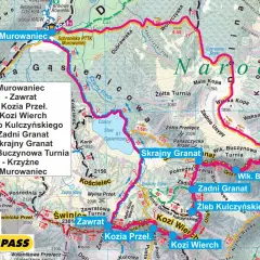 Mapa szlaku Orla Perć z zaznaczonymi szczytami i przełęczami, m.in. Murowaniec, Zawrat, Kozi Wierch.