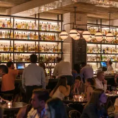 Ambiance chaleureuse dans ce bar gay, avec des étagères remplies de bouteilles et des clients attablés.