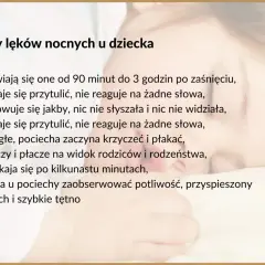 Objawy lęków nocnych u 8 latka: dziecko nie reaguje, krzyczy, płacze, jest spocone.