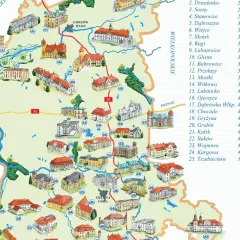 Mapa turystyczna prezentująca zamki lubuskie i okolice.