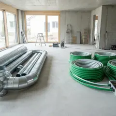 Zielone kręgi rur do ogrzewania podłogowego i metalowe kanały wentylacyjne czekają na montaż. To najlepsza rura do ogrzewania podłogowego, która zapewni komfort.