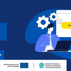 Grafika ilustruje, jak sprawdzić status wniosku Mój Prąd 6.0 online. Widoczna jest strona internetowa mojprad.gov.pl.
