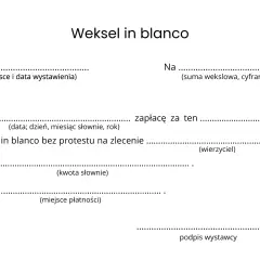 Formularz weksla in blanco z polami do wypełnienia: miejsce i data, kwota, dane wierzyciela i podpis.