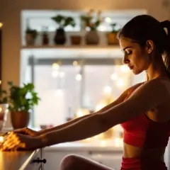 Une jeune femme fait du sport le soir, étirant ses bras dans une pièce décorée de guirlandes lumineuses.