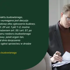 Mężczyzna w okularach analizuje dokumenty. Tekst informuje, co jest wymagane do odbioru domu po zakończeniu budowy.