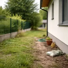 Ścieżka obok domu prowadzi do ogrodzenia. Zastanawiasz się, ile od granicy działki można postawić dom?
