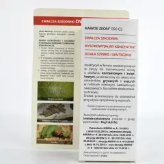 Etykieta Karate Zeon 050 CS: zwalcza szkodniki gryzące i ssące, działa szybko i skutecznie. Zawiera lambda-cyhalotrynę.
