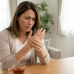 Donna preoccupata si massaggia la mano sinistra, avvertendo un fastidioso formicolio. Sul tavolo, una tazza di tè.