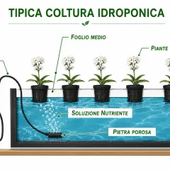 Coltura idroponica con piante in vasi a rete immersi in soluzione nutriente. Pompa aria e pietra porosa ossigenano l'acqua, fondamentale per la crescita ottimale, anche per la cannabis, mantenendo la giusta temperatura.