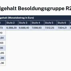 Tabelle zeigt Grundgehalt für Besoldungsgruppen R2-R10. Das justizfachangestellte gehalt nrw steigt mit jeder Stufe.