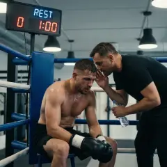 A boxer sits, exhausted, as his coach whispers advice during a boxing round. The scoreboard shows "REST 1:00".