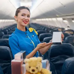 Uśmiechnięta stewardessa w niebieskim mundurku prezentuje pudełko z perfumami do samolotu.