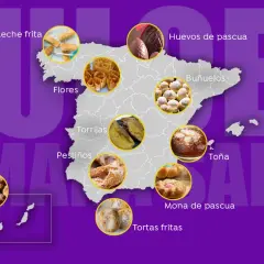 Mapa de España con dulces típicos de Semana Santa: leche frita, flores, torrijas, pestiños, rosquillas, huevos de pascua, buñuelos, toña, mona de pascua y tortas fritas.