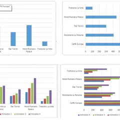 Vari tipi di grafici Excel mostrano dati di vendita per diverse attività commerciali, confrontando trimestri.