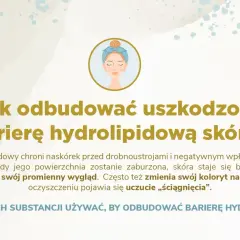 Ilustracja z pytaniem "Jak odbudować uszkodzoną barierę hydrolipidową skóry?". Podkreśla znaczenie płaszcza hydrolipidowego dla ochrony skóry.
