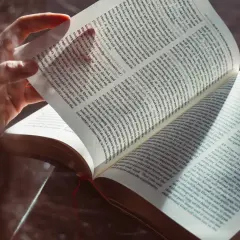Osoba czyta Biblię, zgłębiając dogmaty wiary katolickiej. Światło podkreśla tekst, symbolizując oświecenie.