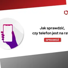 Grafika z pytaniem "Jak sprawdzić, czy telefon jest na raty?". Dłoń trzyma smartfon.
