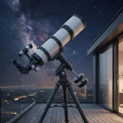 Teleskop na statywie na balkonie z widokiem na nocne niebo i miasto.