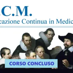 Painting of men in historical attire with text "E.C.M. Educazione Continua in Medicina" and "CORSO CONCLUSO".