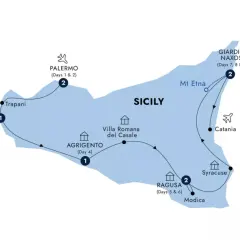 Map showing a 2 week Sicily itinerary, starting in Palermo, then Marsala, Agrigento, Ragusa, Syracuse, Catania, and Giardini Naxos, with Mt Etna highlighted.