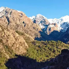 Vue spectaculaire de **mare e monti** : des montagnes enneigées surplombent une vallée verdoyante, avec un soleil éclatant illuminant le paysage.