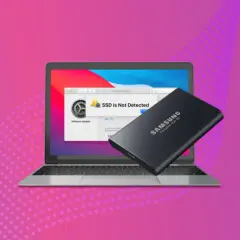 Laptop zeigt "SSD is Not Detected" an, obwohl eine Samsung Portable SSD T7 angeschlossen ist.