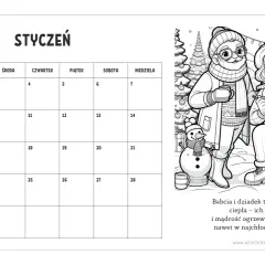 Styczeń. Kalendarz na Dzień Babci i Dziadka z rysunkiem uśmiechniętych seniorów w zimowej scenerii.