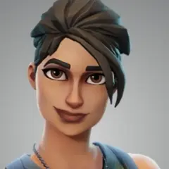Postać z gry Fortnite, dziewczyna z ciemnymi włosami spiętymi w kok. Jej skóra, czyli bambik skin, jest gotowa do walki.