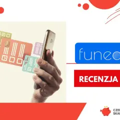 Dłoń trzyma smartfon, na ekranie którego widać kolorowe karty z kodami kreskowymi. Obok logo "funeda" i przycisk "Recenzja".