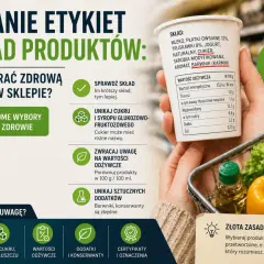 Dłoń trzymająca kubek z etykietą produktu, obok wózek sklepowy z warzywami.