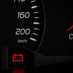 Cruscotto auto: spia volante rossa accesa, indicatore batteria in avaria.