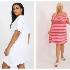 Dwie modelki prezentują stylowe sukienki letnie plus size tanio. Jedna w białej, druga w czerwono-białe paski.