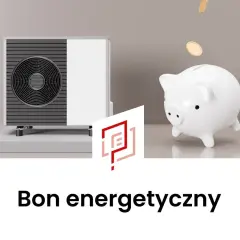 Pompa ciepła i skarbonka z monetami symbolizują oszczędności. Bon energetyczny 2026 to szansa na tańsze ogrzewanie.