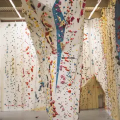 Bunte Griffe zieren die hohen Wände einer 2t Kletterhalle. Ein Paradies für Kletterfans, das zum Erklimmen einlädt.