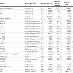 Tabela z inwestycjami: akcje, obligacje, kryptowaluty. Sprawdź, jakie inwestycje przynoszą największy zysk, analizując kolumny z % zysku i wartością.