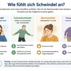Illustrationen zeigen verschiedene Arten von Schwindel, wie Drehschwindel, Schwankschwindel, Benommenheit und Gangunsicherheit. Manche Menschen erleben Schwindel beim Husten.