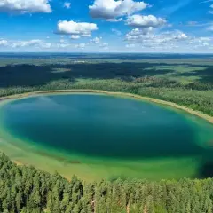 Widok z lotu ptaka na **jezioro płaskie** otoczone lasem. Woda ma turkusowy odcień, a brzegi są porośnięte drzewami.
