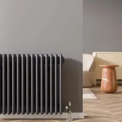 Radiateur en fonte gris foncé, un élément de chauffage performant, idéal pour une pompe à chaleur haute température.