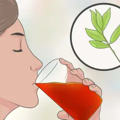 Donna beve una bevanda rossa, con un rametto di foglie verdi in un cerchio. Un aiuto per come digerire velocemente.