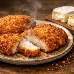 Trois morceaux de poulet pané fumants sur une assiette, accompagnés de fromage et de poivre.