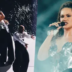 Polska Eurowizja 2026: artystka w srebrnym gorsecie i tancerze w czarnych spodniach na scenie.