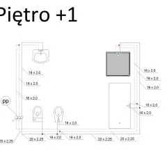 Schemat instalacji wodnej na piętrze +1, z widocznym przekrojem rury 16x2,0 i 20x2,25, prowadzącej do umywalki, WC i prysznica.
