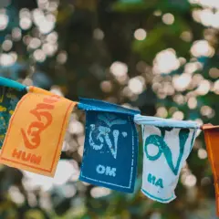 Kolorowe chorągiewki z buddyjskimi symbolami i słowami, jak "Om" i "Hum", tworzą wizualną mantrę.