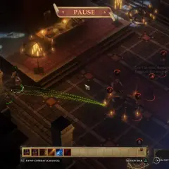 Postacie w grze Pathfinder Kingmaker Spolszczenie w trakcie walki. Widok z góry na arenę.