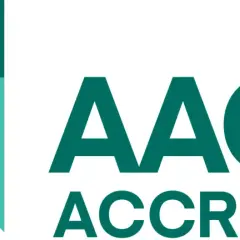 AACSB Akkreditierung: Siegel für exzellente Business Schools. Das Logo zeigt geometrische Formen in Grün- und Türkistönen sowie den Schriftzug "AACSB ACCREDITED".